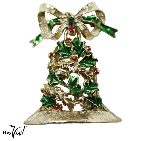 Vintage Gerry's Holiday Christmas Enamel Bell Pin Brooch w Bow 2" Long - Hey Viv - Picture 4 of 7